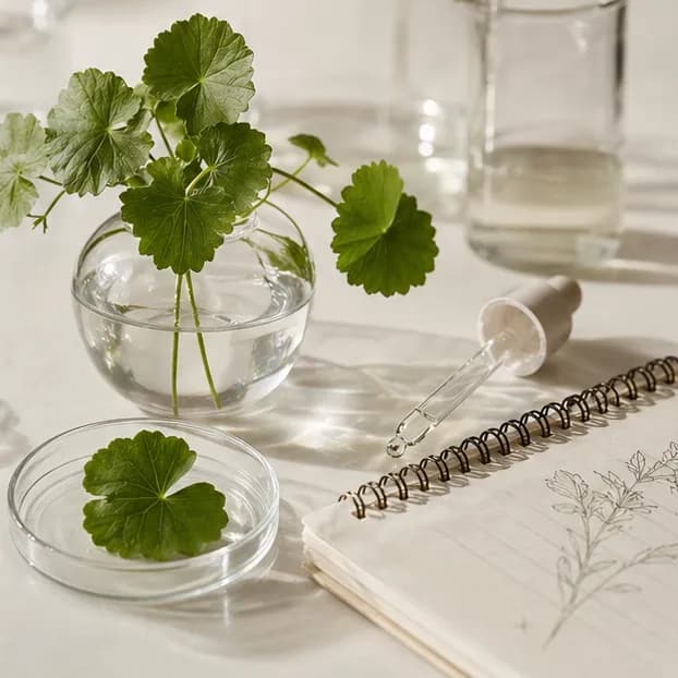 Centella-like green leaves, a glass dropper, and notebook sketches arranged as a quiet ingredient study.