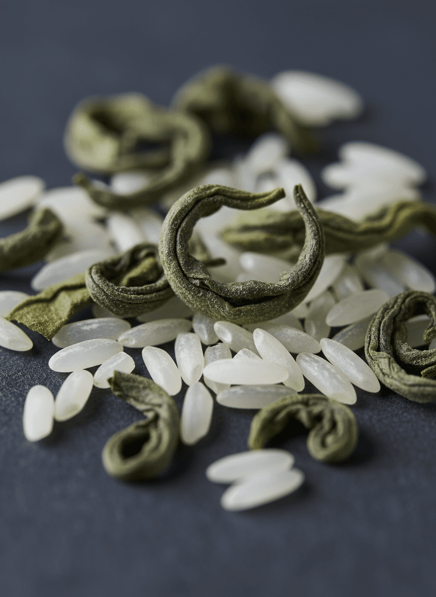 A restrained ingredient-led skincare still life with texture, packaging, and subtle botanical context for editorial category use.