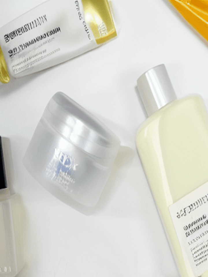 Bright skincare flat lay with lotion, cream jar, and lightweight texture-focused packaging on a clean white ground.