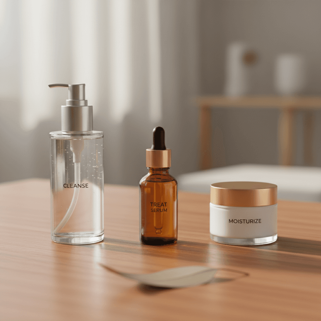 A calm editorial Korean skincare still life in warm daylight with enough negative space to carry a large homepage wordmark and headline.