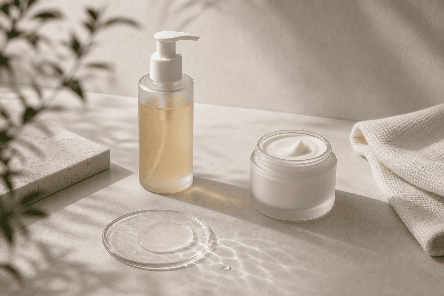 A restrained barrier reset routine still life with only a few unlabeled skincare objects and generous negative space to signal subtraction and comfort.