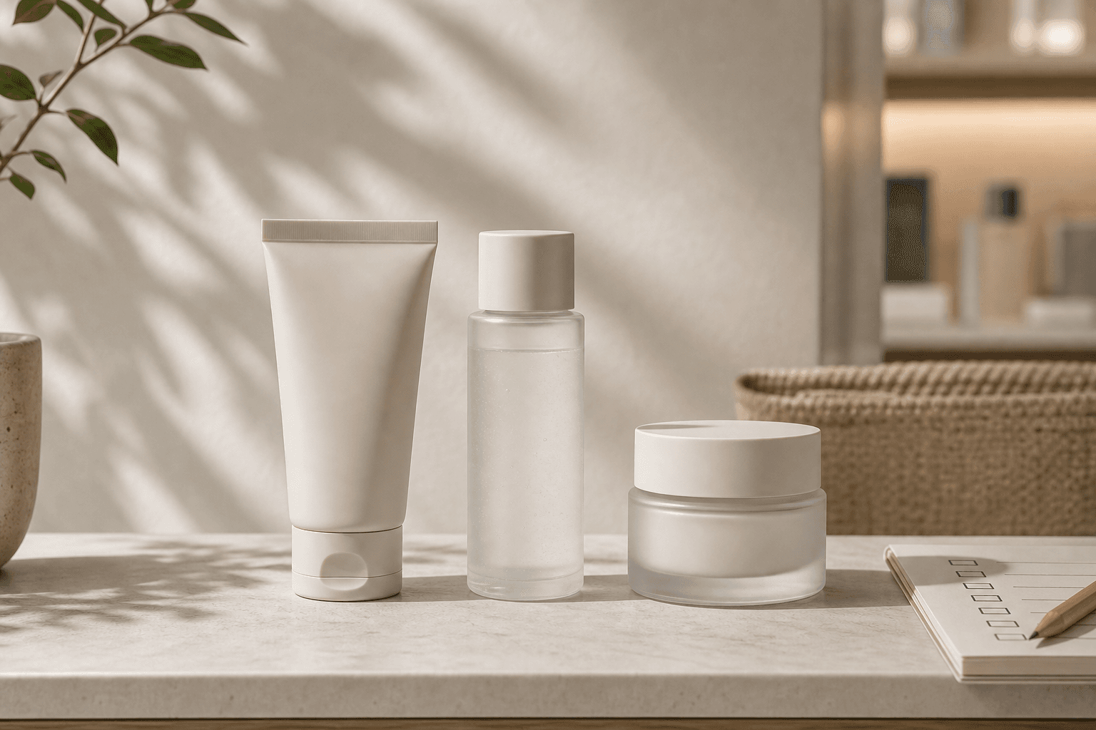 A restrained routine-editing still life with a small selection of unlabeled skincare products and a quiet shopping decision cue.