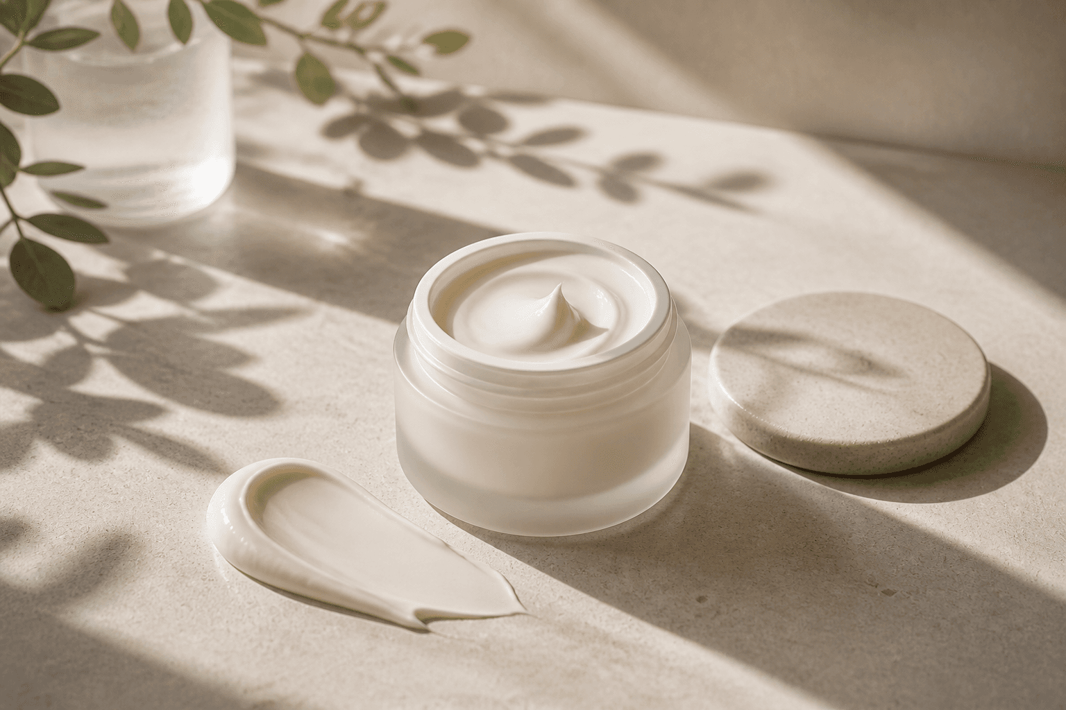 A calm ceramide barrier-support still life with an unlabeled cream jar and visible cushioning cream texture on a restrained editorial surface.