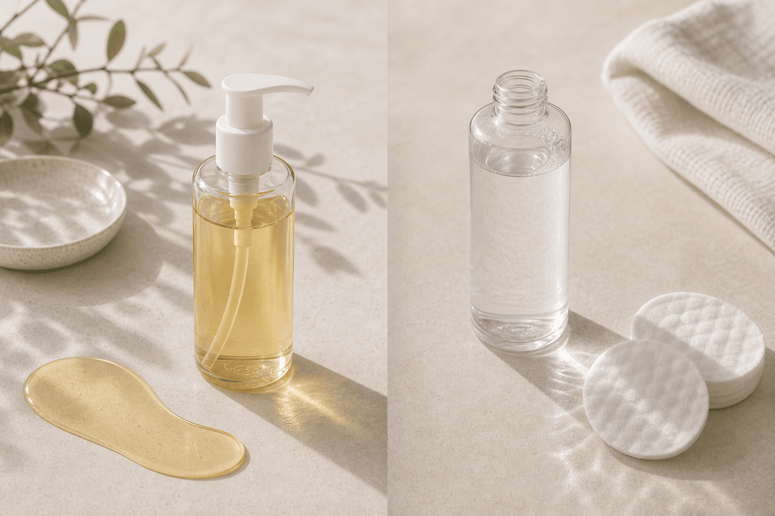 A calm first-cleanse comparison still life with an unlabeled oil cleanser, a clear water-light vessel, and minimal removal texture cues.