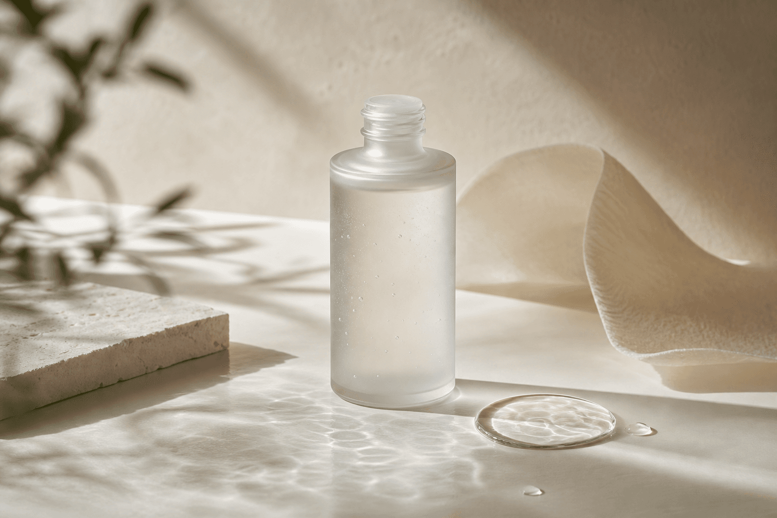 A calm watery essence still life with an unlabeled translucent bottle and hydration-layer cue, designed for an article about whether essence is necessary.