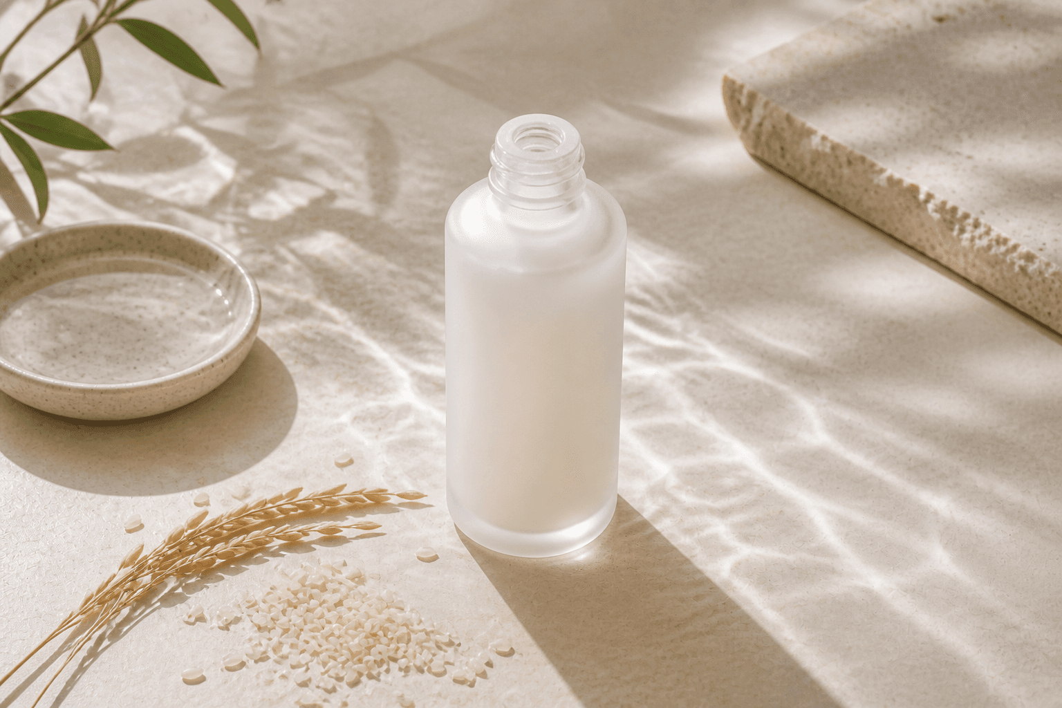 A calm rice extract still life with an unlabeled milky skincare bottle, a small rice cue, and soft reflected light for a realistic glow-support article.
