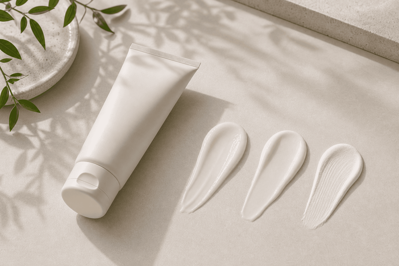 A clean sunscreen finish still life with an unlabeled tube and three subtle texture swatches for dewy, natural, and velvet finishes.