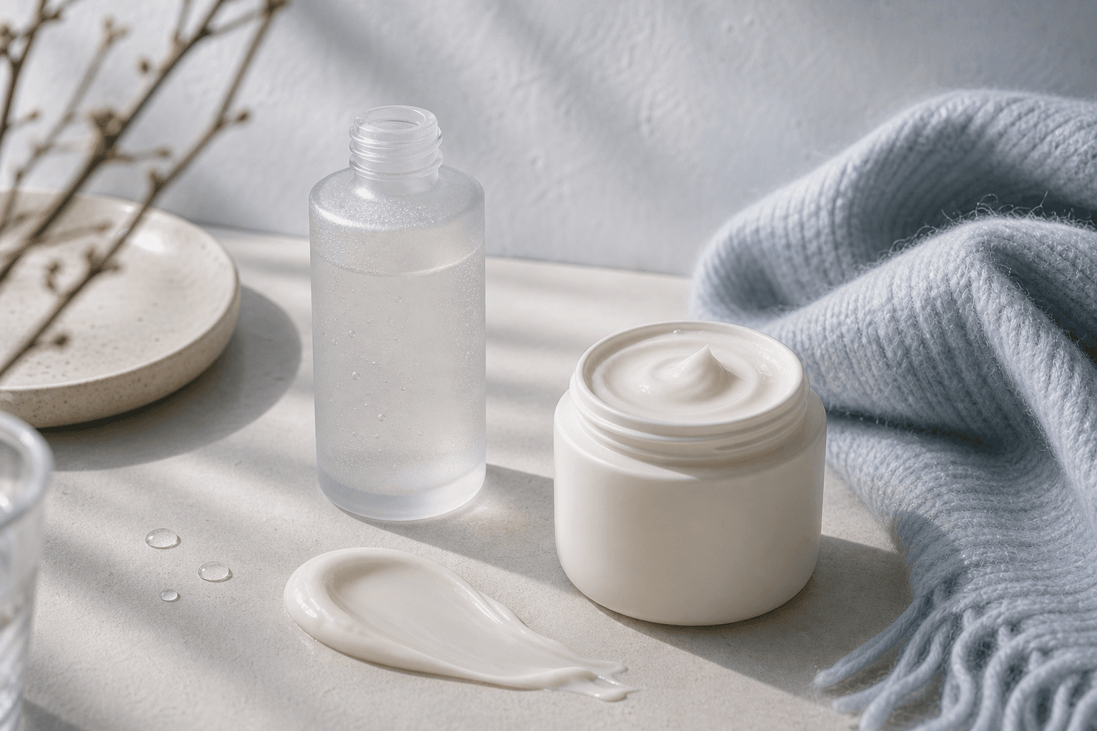 A quiet winter dry-skin routine still life with richer cream texture, a hydrating bottle, and cool daylight comfort cues.