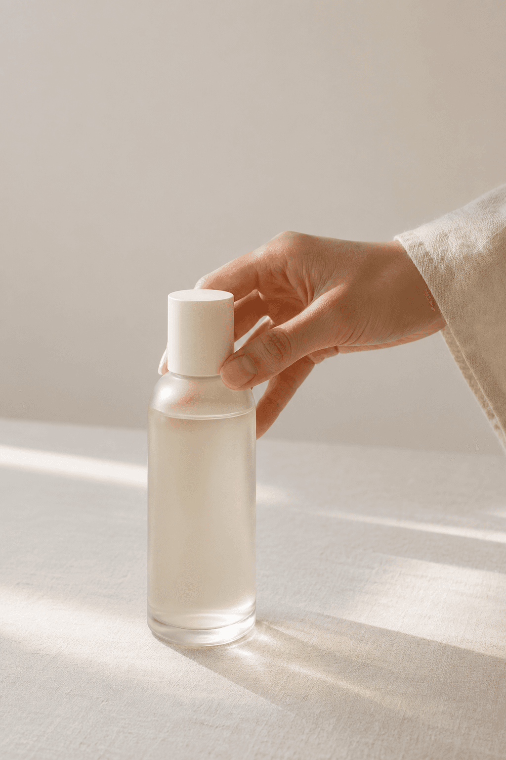 A calm Editorial Desk still with one unlabeled skincare bottle in direct hand contact, designed to signal public K-beauty authorship and method without visible branding or office drift.