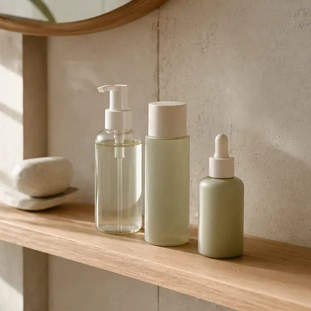 Three unbranded skincare bottles arranged in a calm routine sequence on a warm bathroom shelf.