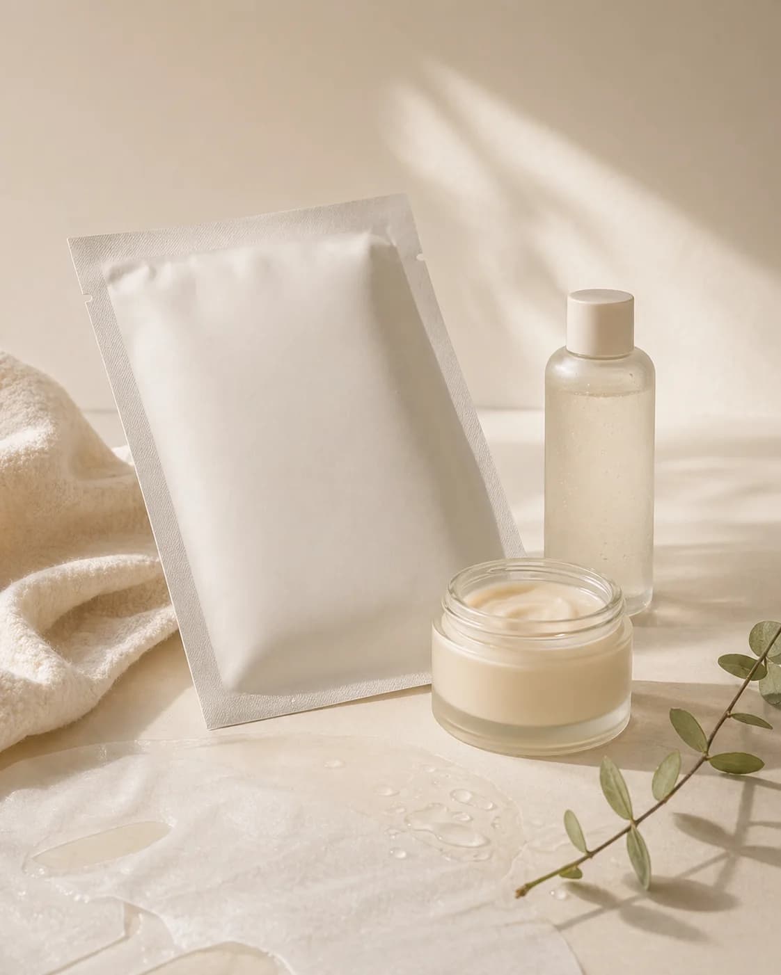 A calm sheet-mask routine still life with a blank pouch, cream jar, essence bottle, and soft hydration cues.