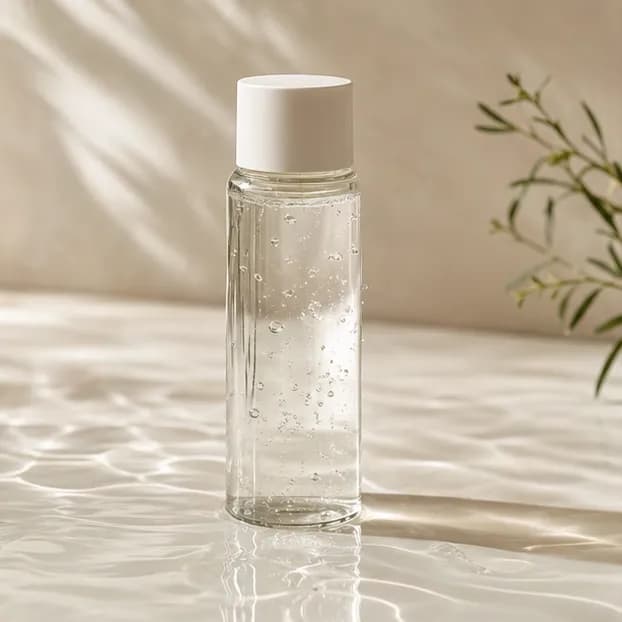 A clear toner bottle with water refraction on a pale hydration surface in soft daylight.