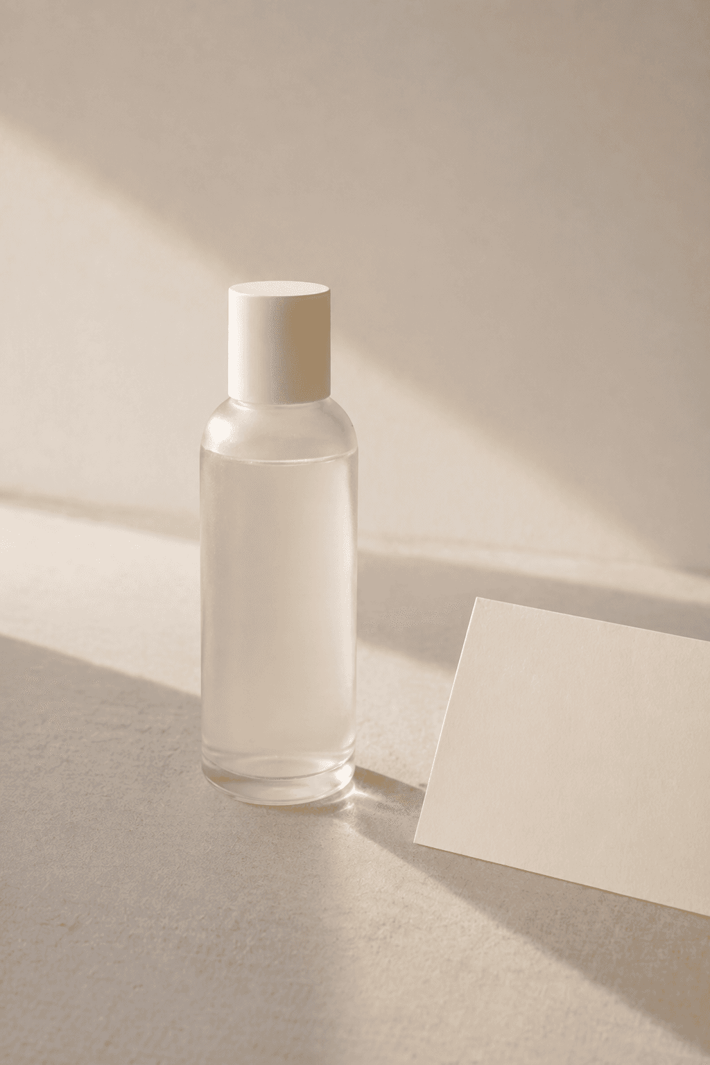 A calm trust-page still with one visible skincare bottle and a minimal routing cue, designed for a public contact page without office-device noise.