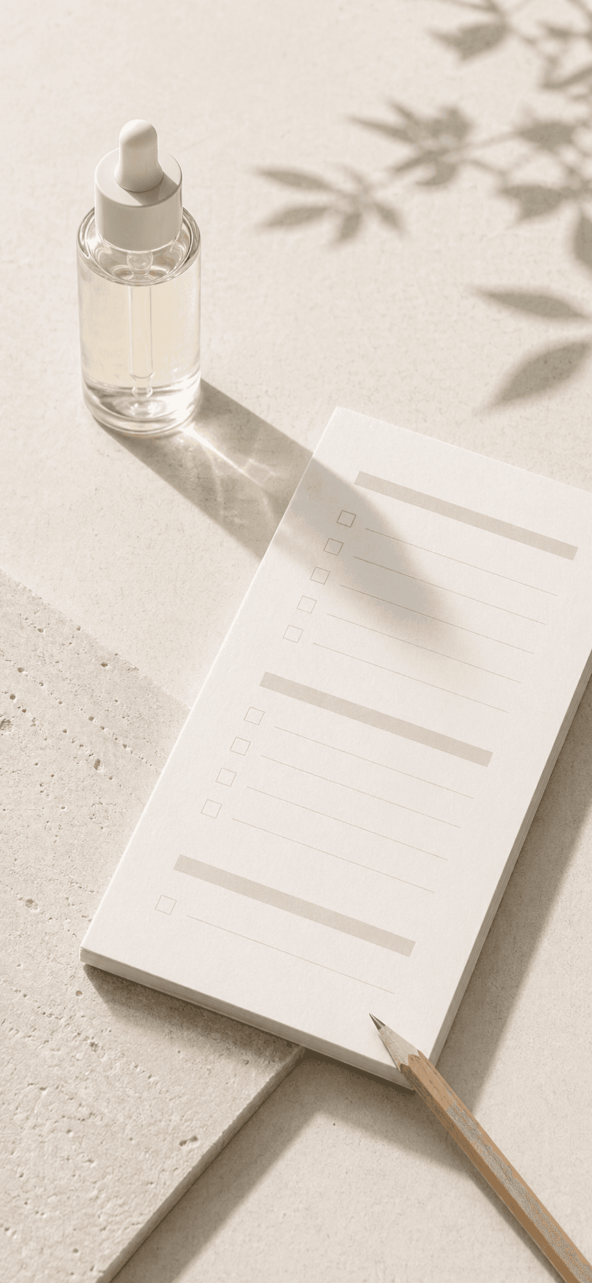 A calm methodology-page worktable with one visible skincare bottle, soft daylight, and a restrained process setup designed for mobile trust reading.