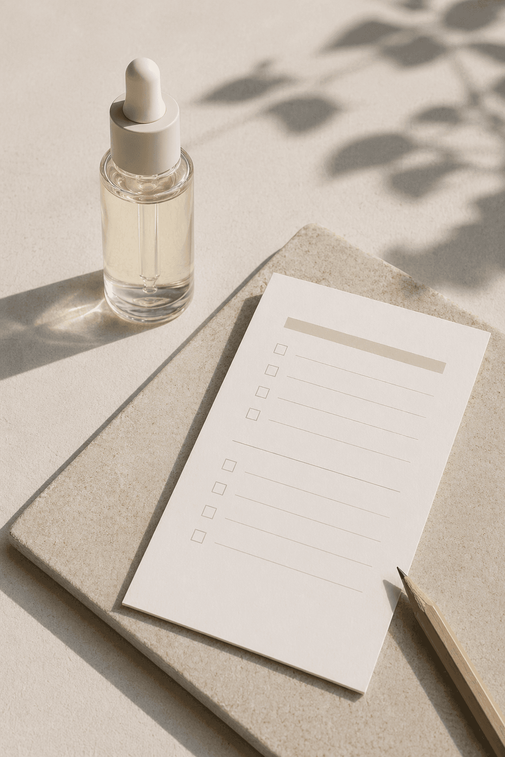 A calm standards-page still with one visible skincare bottle, a restrained proof cue, and quiet negative space built for mobile trust reading.