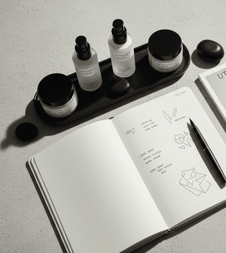 A restrained editorial work surface with skincare bottles and an open notebook, cropped to emphasize method and visible review without poster-like elements.