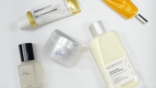 A bright editorial flat lay of Korean skincare tubes, bottles, and jars on a soft white surface.