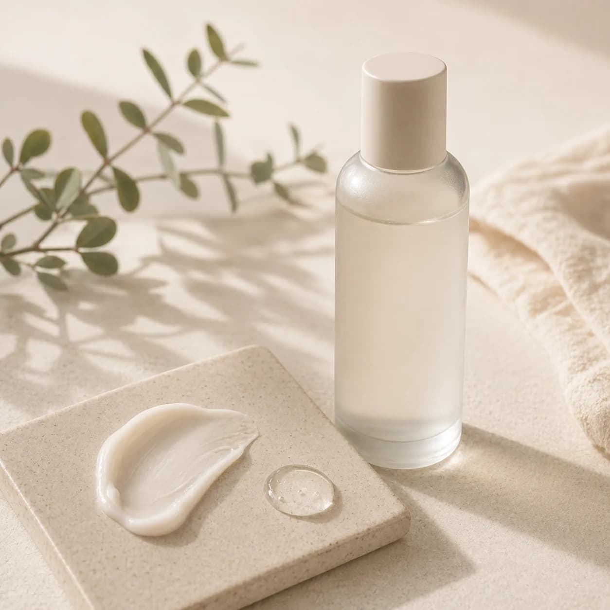 A calm ingredient explainer still life with an unlabeled frosted serum bottle, cream swatch, and muted botanical cue.