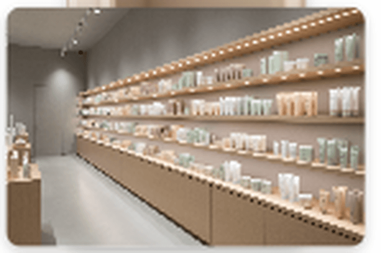 A refined Korean beauty retail environment with softly lit skincare shelving and premium category merchandising.