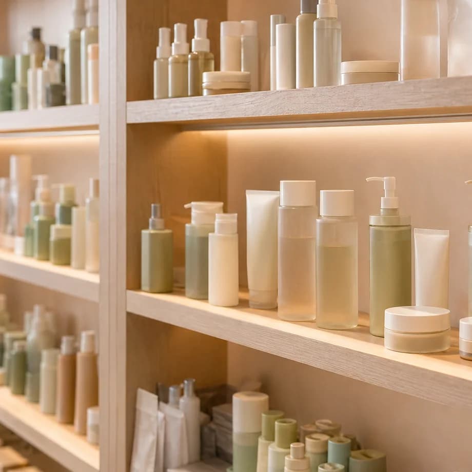 A depth crop of a calm Korean skincare shelf with warm light and unlabeled product forms.