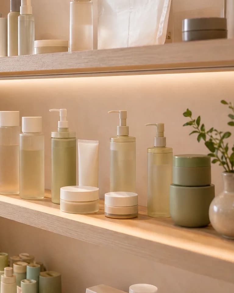 A tighter retail shelf crop with unlabeled skincare bottles and jars in warm editorial light.