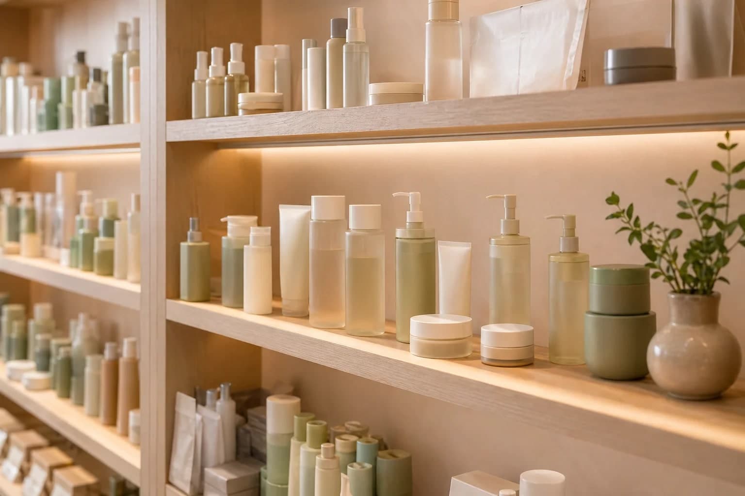 A calm Korean skincare retail shelf with unlabeled bottles, tubes, and jars on warm illuminated shelving.
