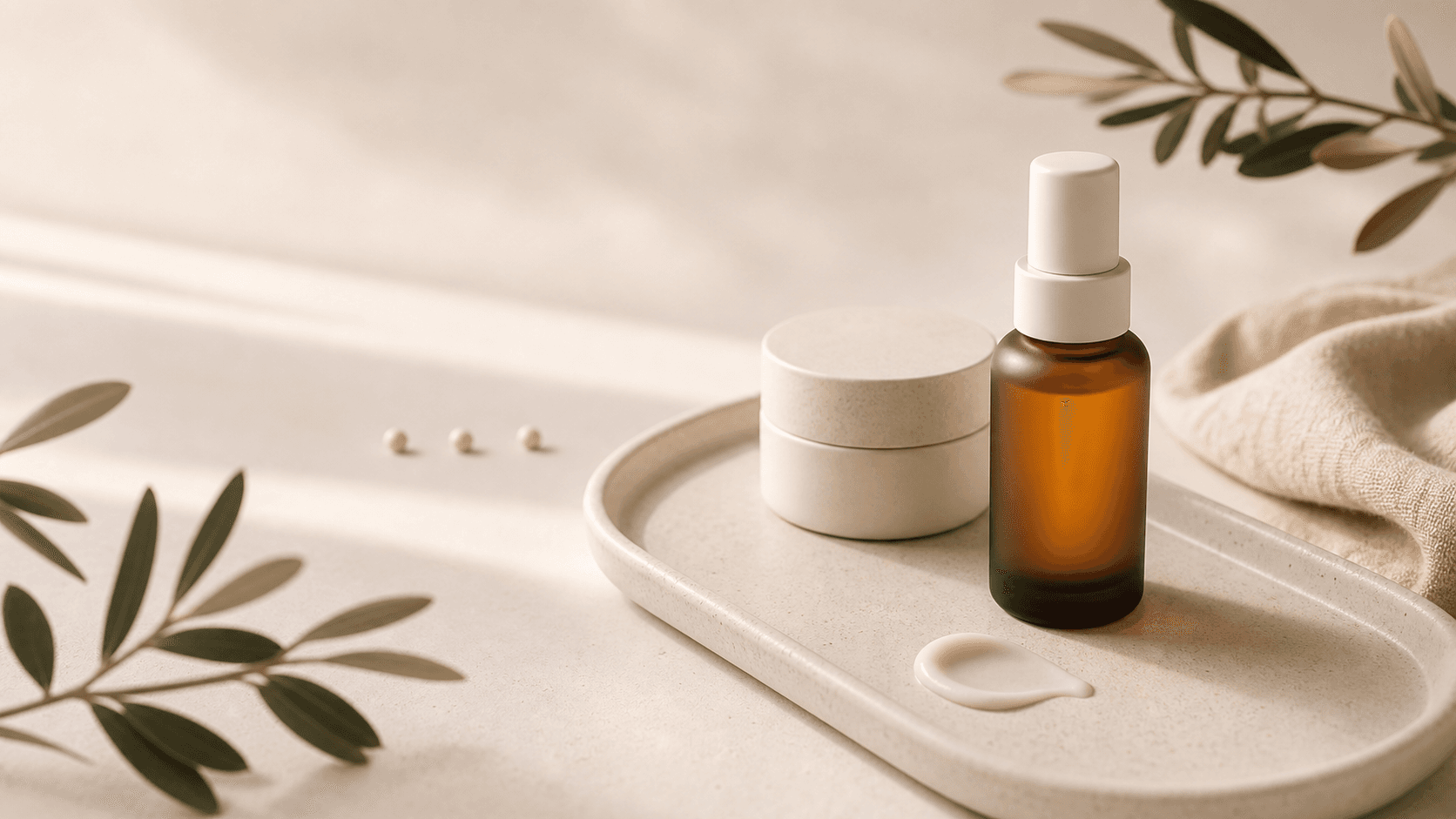 A calm retinoid slow-start still life with an unlabeled amber serum bottle, moisturizer jar, and pea-sized cream swatch on a ceramic tray.