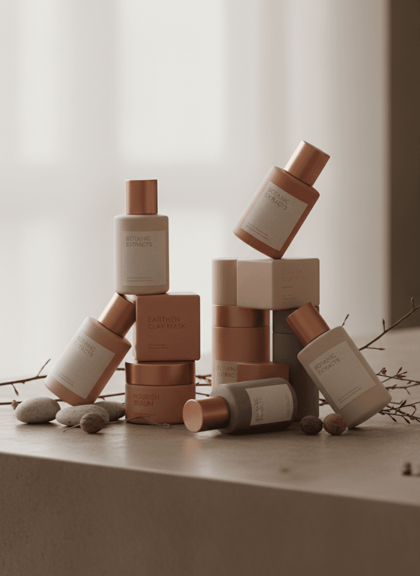 A calm editorial stack of Korean skincare bottles and jars arranged in warm neutral light, used to signal category-level product judgment without ad styling.